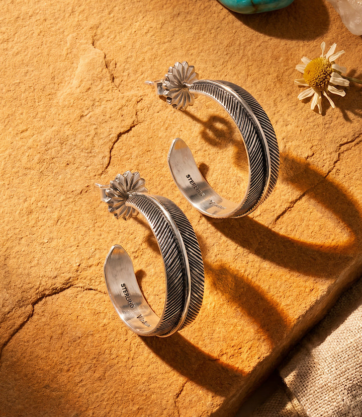 Sterling Silver Feather Hoop Earrings
