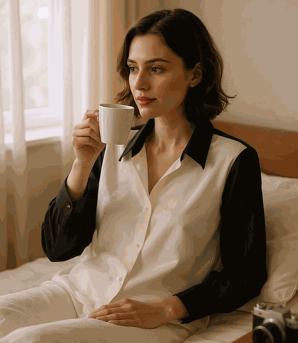 Woman wearing a long sleeve satin colorblock shirt with black sleeves and collar, sitting on bed drinking from a white mug.