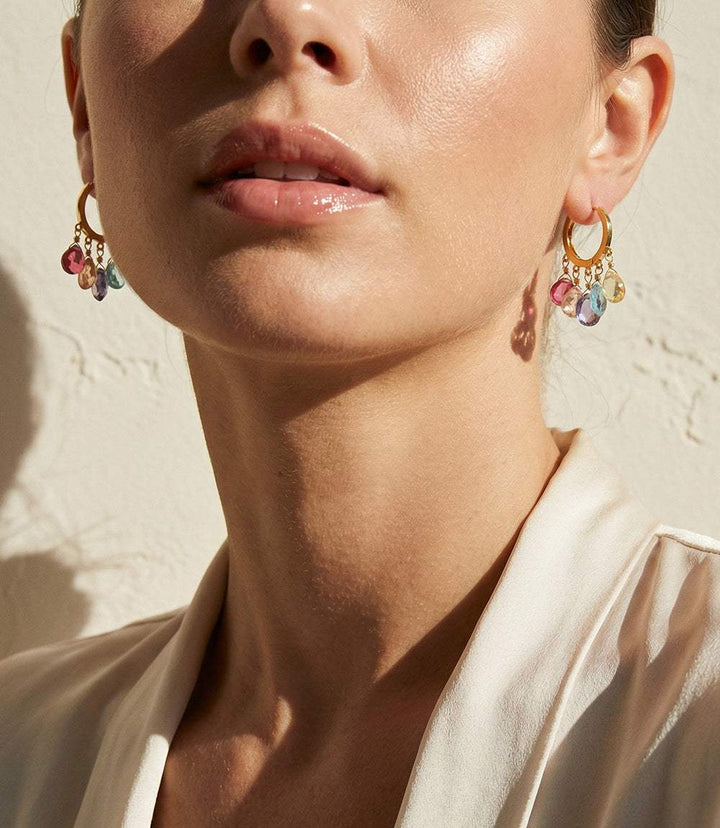 Rose quartz and aquamarine gemstone huggie earrings in 14k vermeil with pearls and labradorite, 0.5-inch diameter, elegant and comfortable design