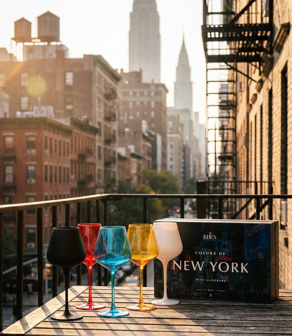 Set of 5 Colors Of New York wine glasses in vibrant matte black, red, blue, yellow, and white