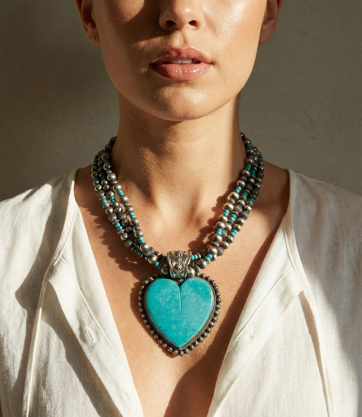 Large Embellished Turquoise Multi Strand Necklace