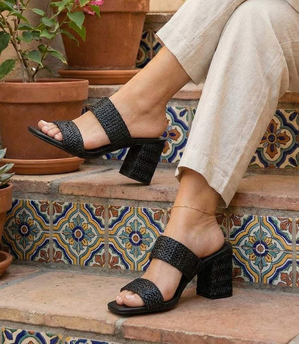 Newport Raffia Strap Heel Sandals with block heel and raffia upper by Seychelles