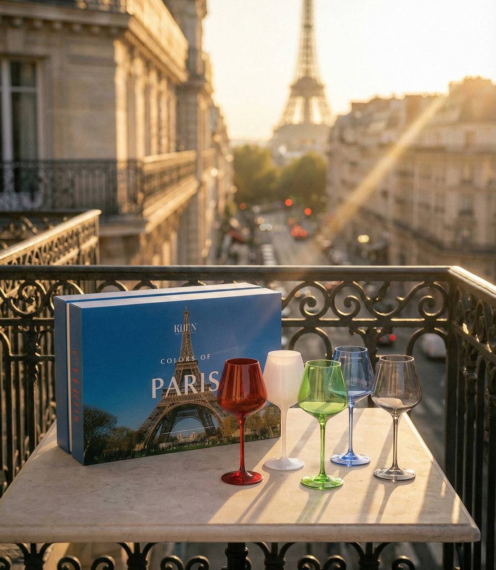 Set of 5 Colors Of Paris wine glasses in red, white, green, blue, and gray