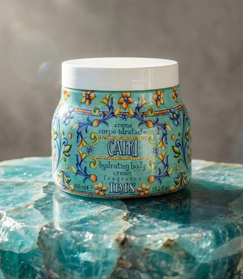 Capri Hydrating Body Cream jar with aloe vera and almond oil, floral scent, Italian ceramic design