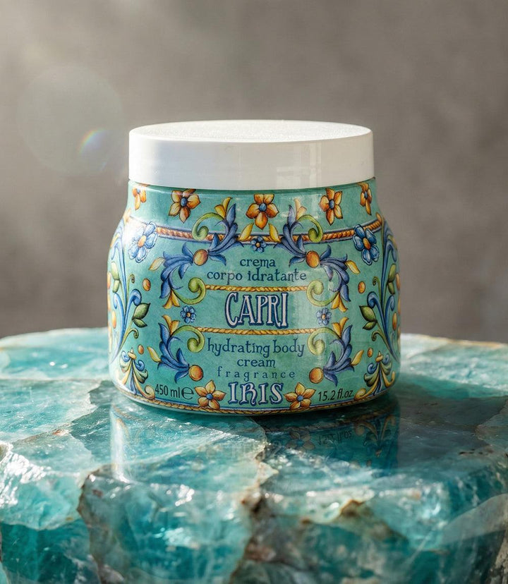 Capri Hydrating Body Cream jar with aloe vera and almond oil, floral scent, Italian ceramic design