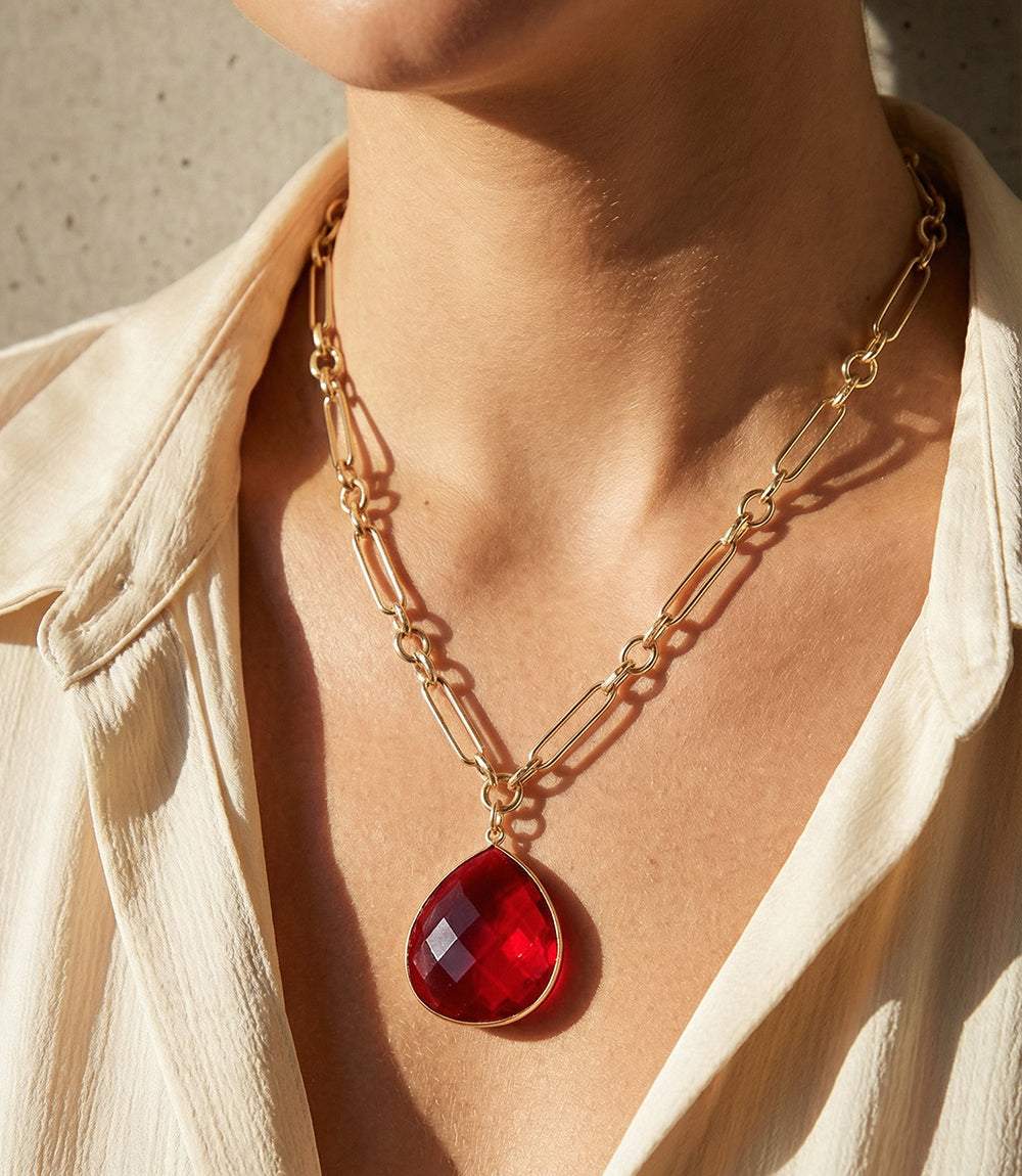 Ruby Quartz Pendant Necklace with faceted synthetic ruby and gold-plated brass on modern paperclip chain