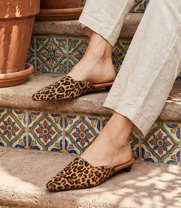 Seychelles Mocktail Kitten Heel Mules leopard print calf hair slip-on shoes with square toe and low heel