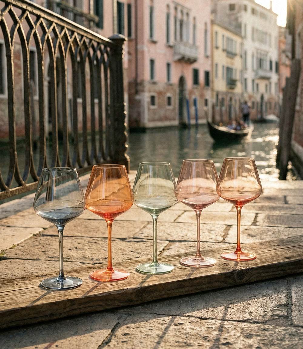 Set of 5 Colors Of Venice wine glasses in blue, peach, and rose tones