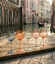 Set of 5 Colors Of Venice wine glasses in blue, peach, and rose tones