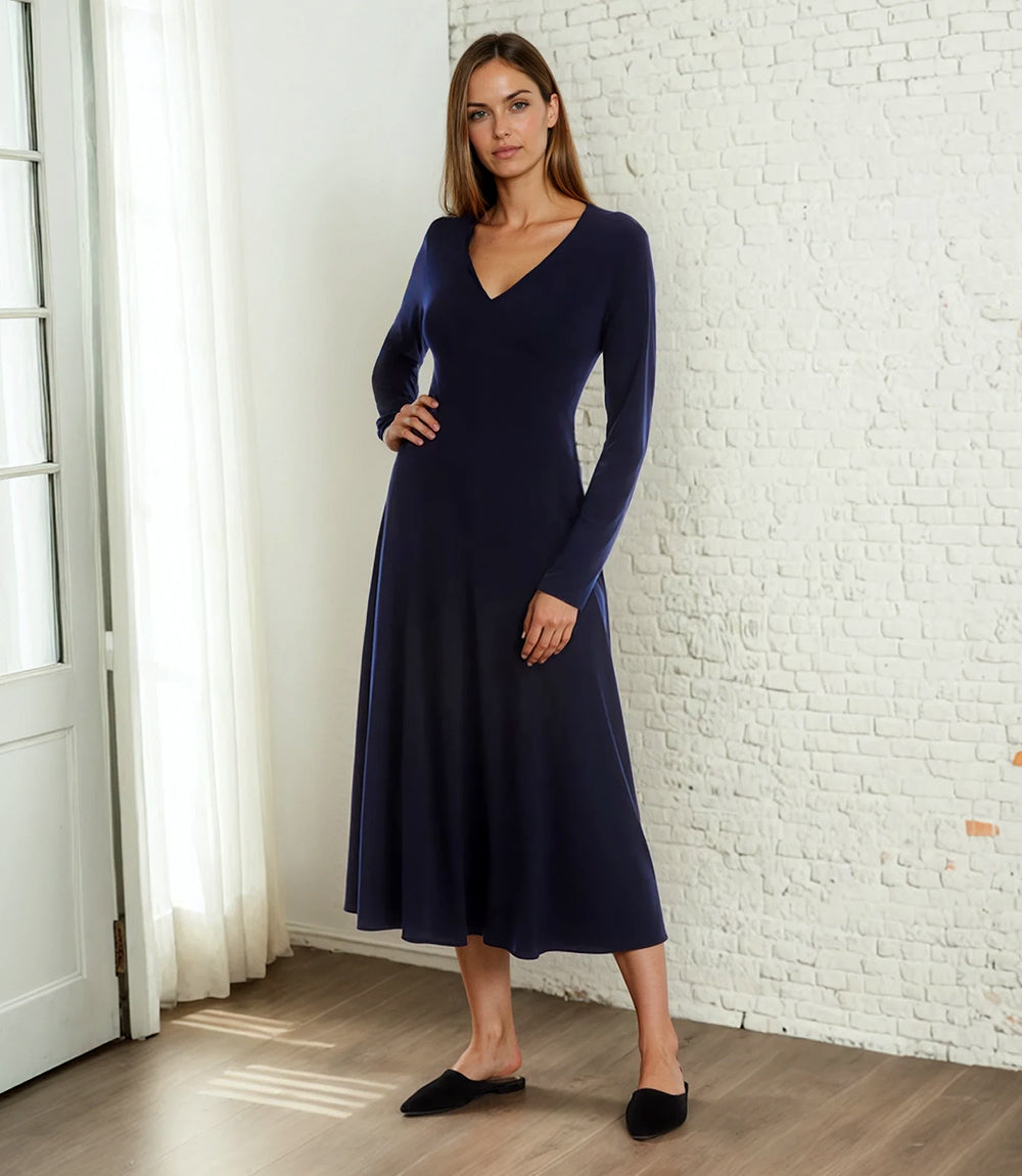 Kate V-Neck Midi Travel Dress navy long sleeve flattering silhouette midi length