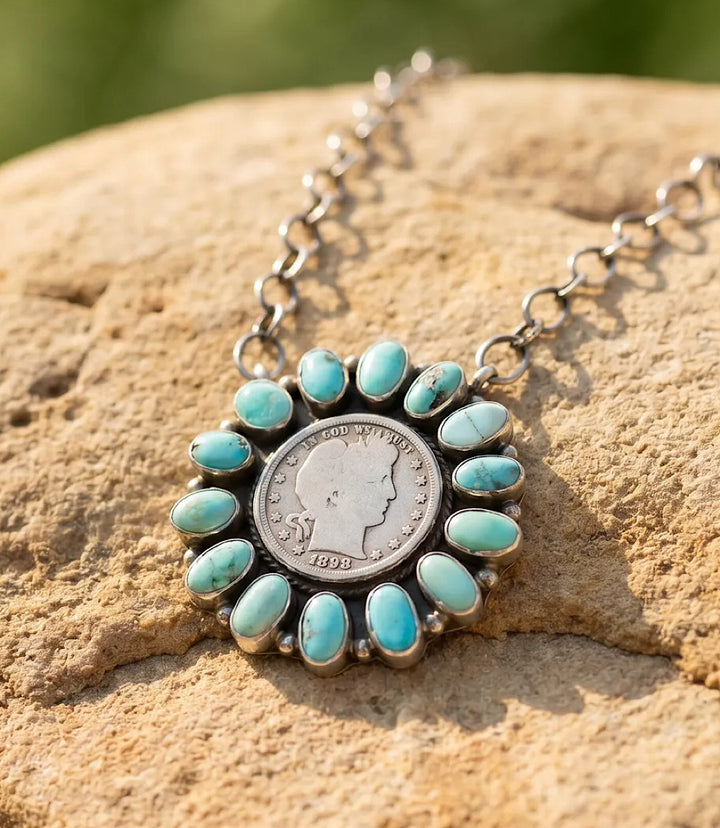 Turquoise Half Dollar Coin Pendant Necklace