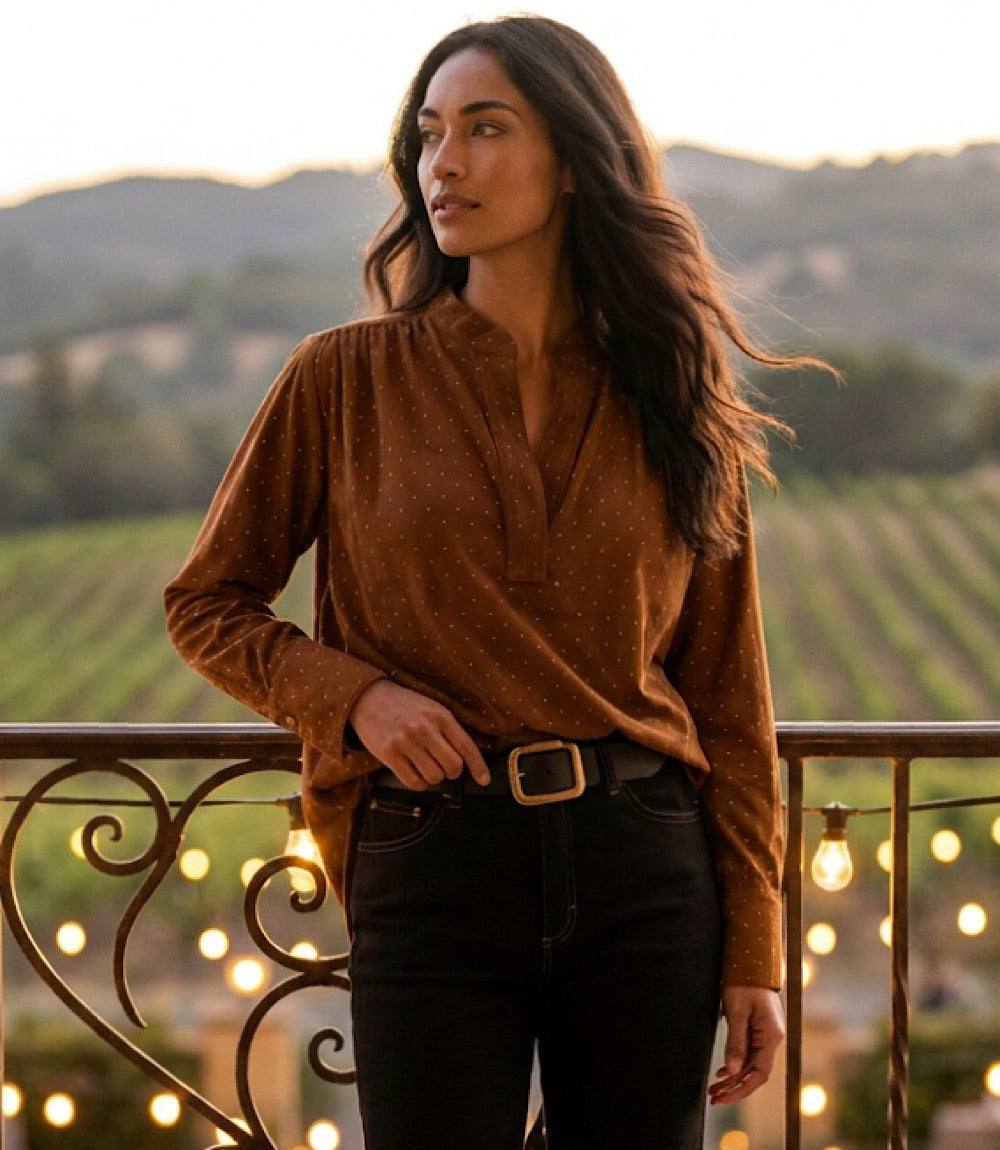 Petite Size Faux Suede Embellished Half-Placket Shirt