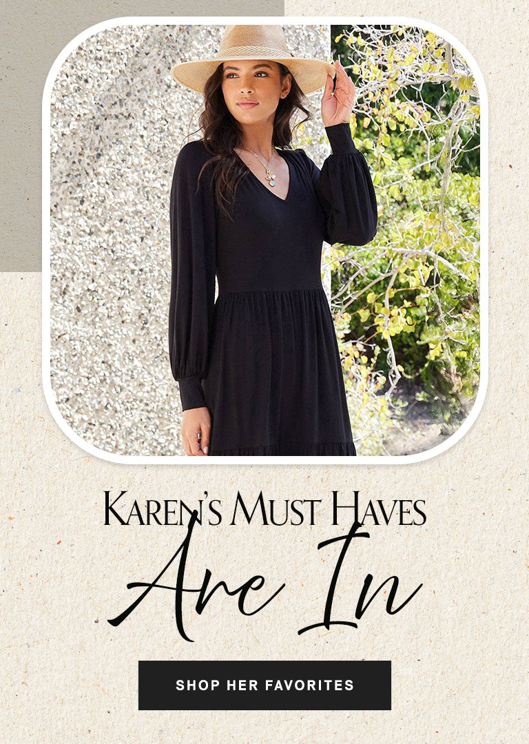 Woman wearing a black dress and straw hat with text 'Karen's Must Haves Are In' on a textured beige background.