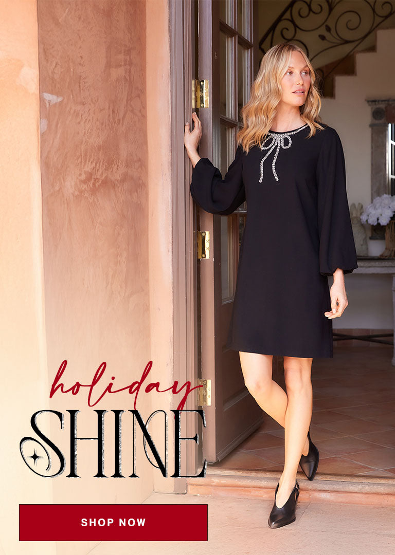 Woman in a black dress standing in a doorway with 'holiday Shine' text and 'Shop Now' button.