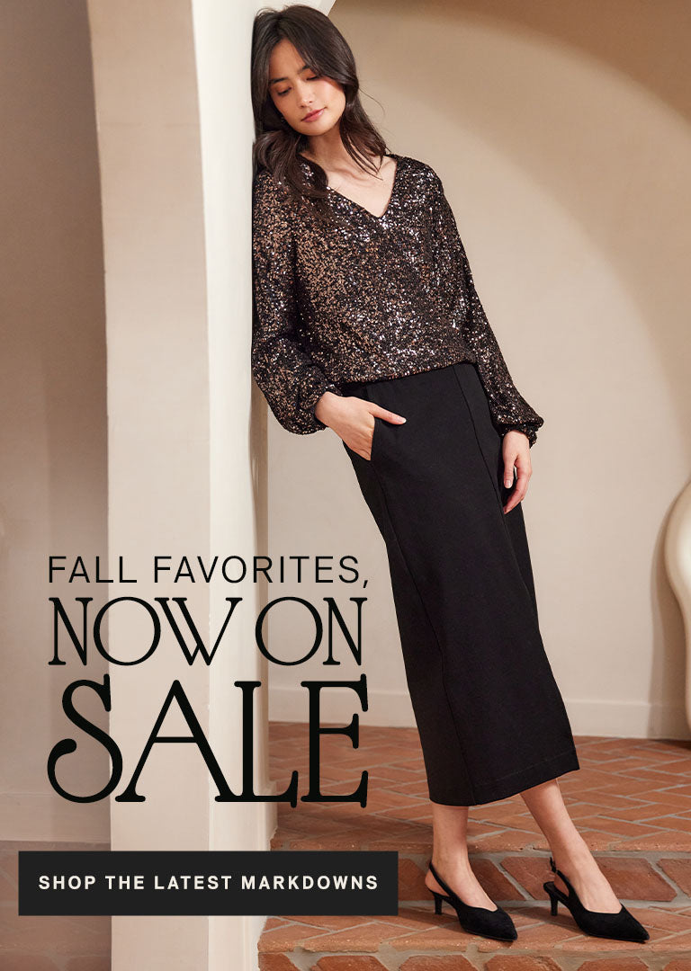 Woman in a stylish outfit with text promoting fall favorites on sale.