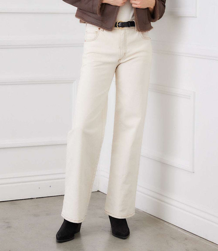 Full length wide-leg jeans in stretch denim with high-rise fit and front and back pockets