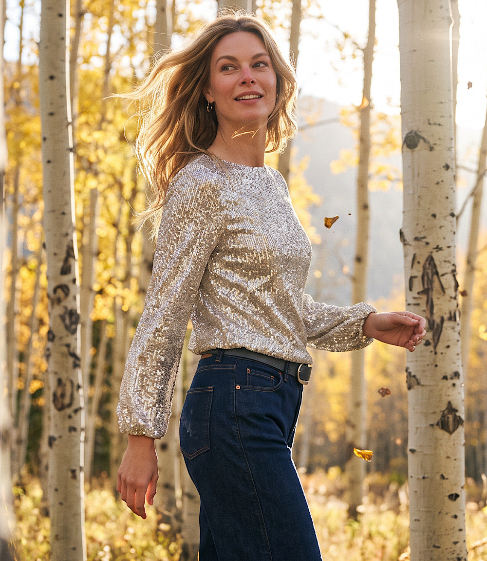 Sequin Blouson Sleeve Boatneck Top