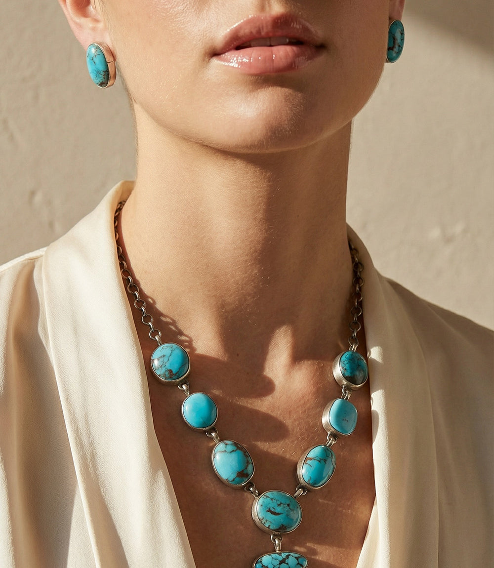 Egyptian Turquoise Lariat Necklace And Earring Set