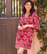 Flare Sleeve Embroidered Dress with V-neck and delicate embroidery on knee-length cotton fabric