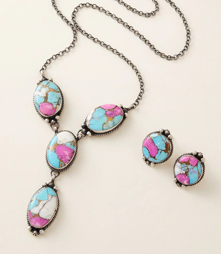 Cotton Candy Turquoise Lariat Necklace And Earring Set