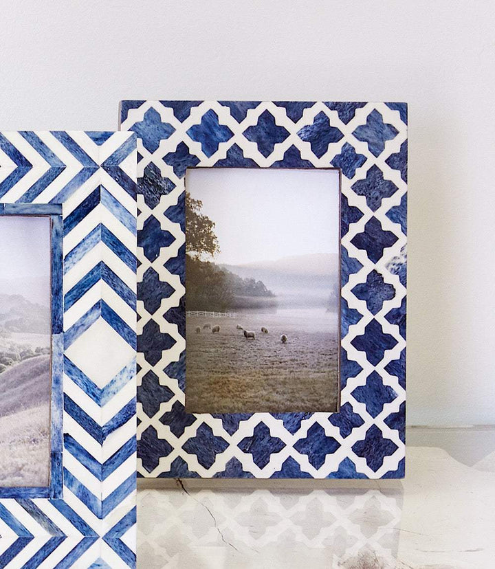 Handcrafted mosaic bone picture frame with blue and white geometric patterns, holds 4x6 photo, stands horizontally or vertically