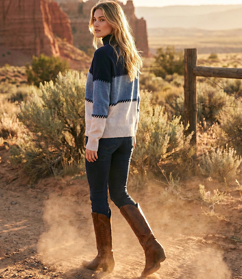 Contrast Stitch Mock Neck Colorblock Sweater