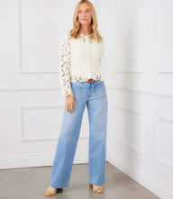 Petite Size Lauren patch pocket wide-leg jeans in light wash stretch denim