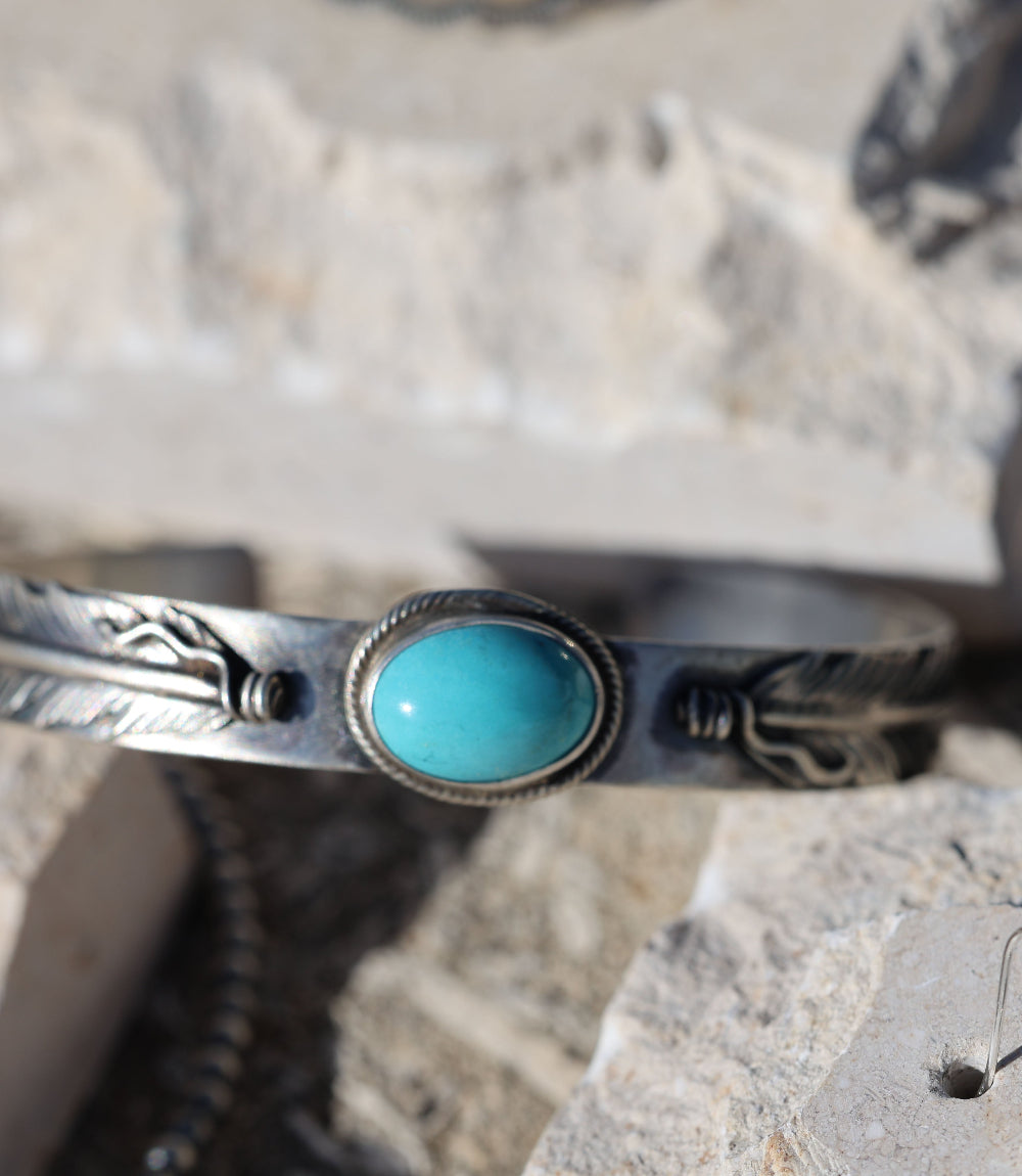 Feather Embellished Turquoise Cuff Bracelet