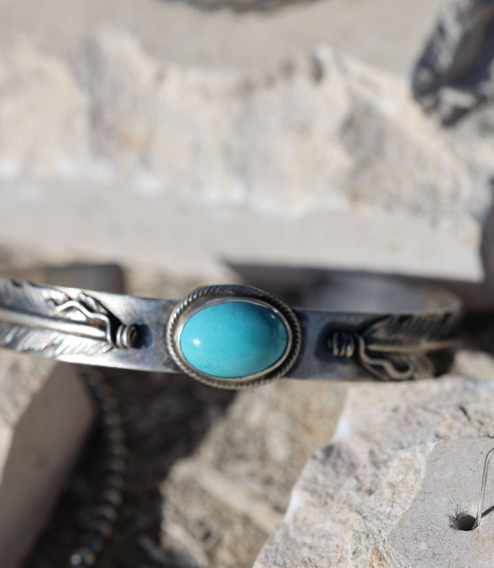 Feather Embellished Turquoise Cuff Bracelet