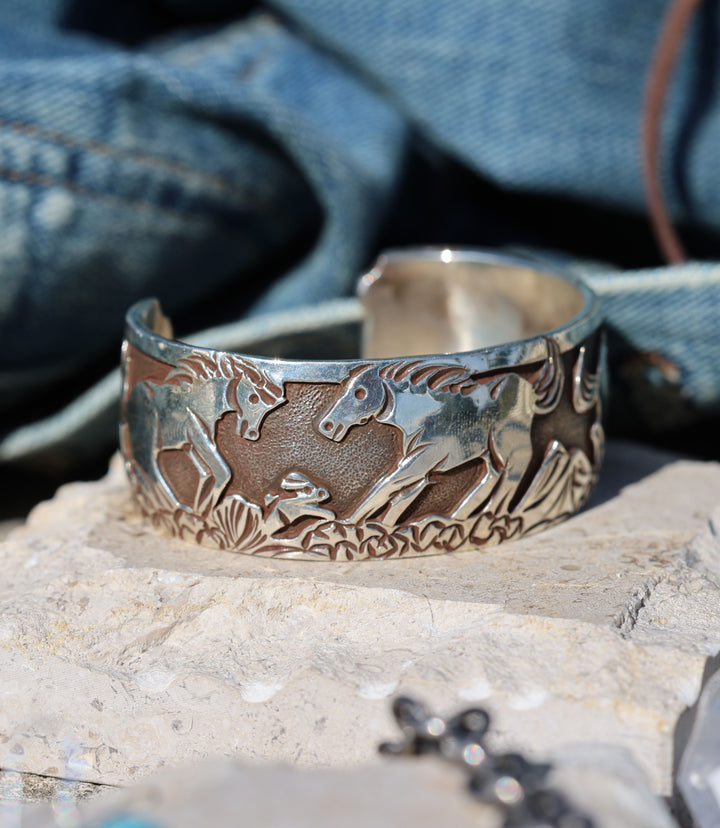Horse Engraved Sterling Silver Cuff Bracelet