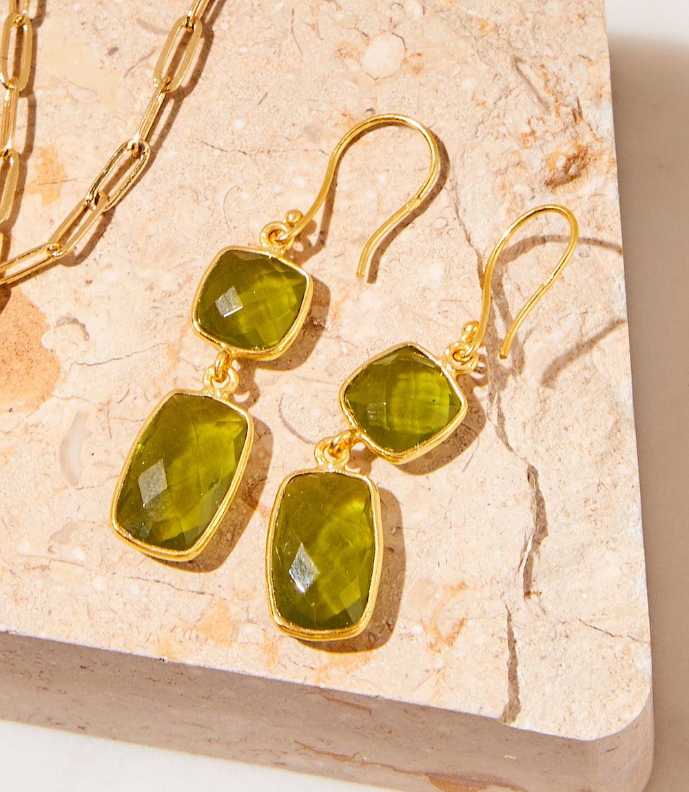 Gemstone Double Drop Earrings with green tourmaline stones set in 18ct gold plated silver, elegant and sophisticated design