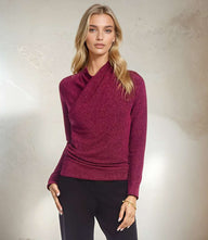 Petite long sleeve metallic crossover top with side shirring and slim fit