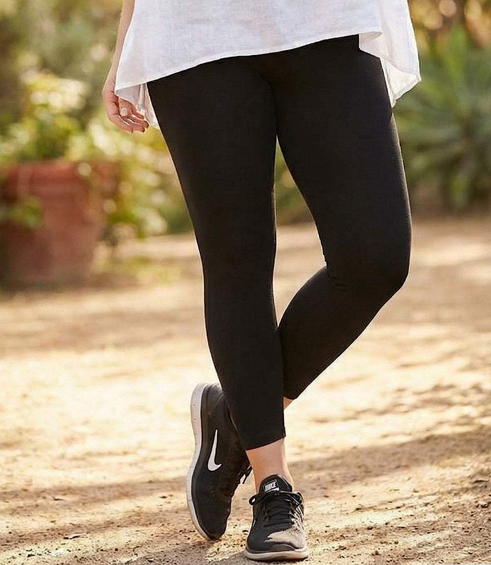 Plus size leggings with elastic waistline made from rayon spandex fabric for comfort