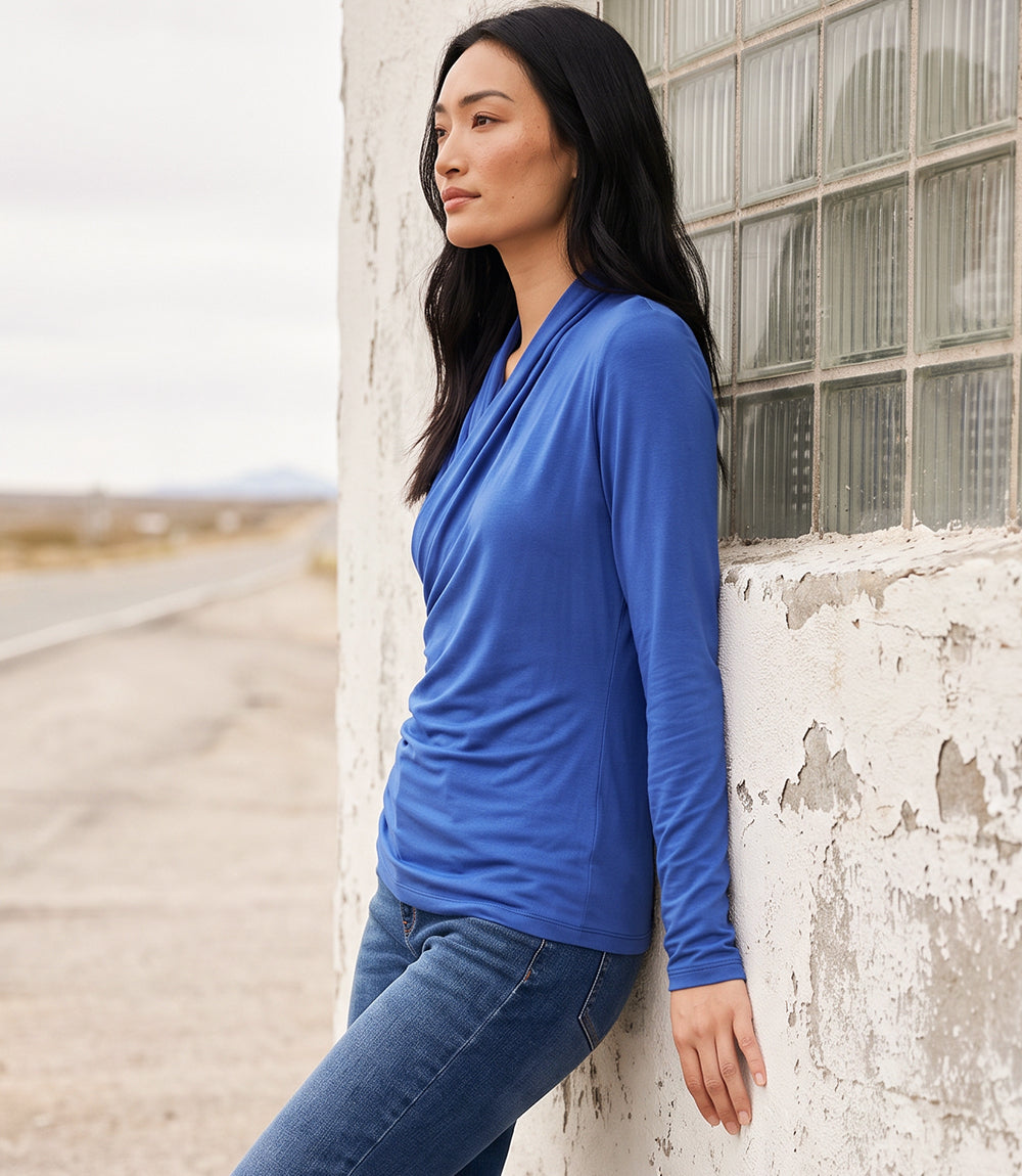Long Sleeve Crossover Side-Shirred Top