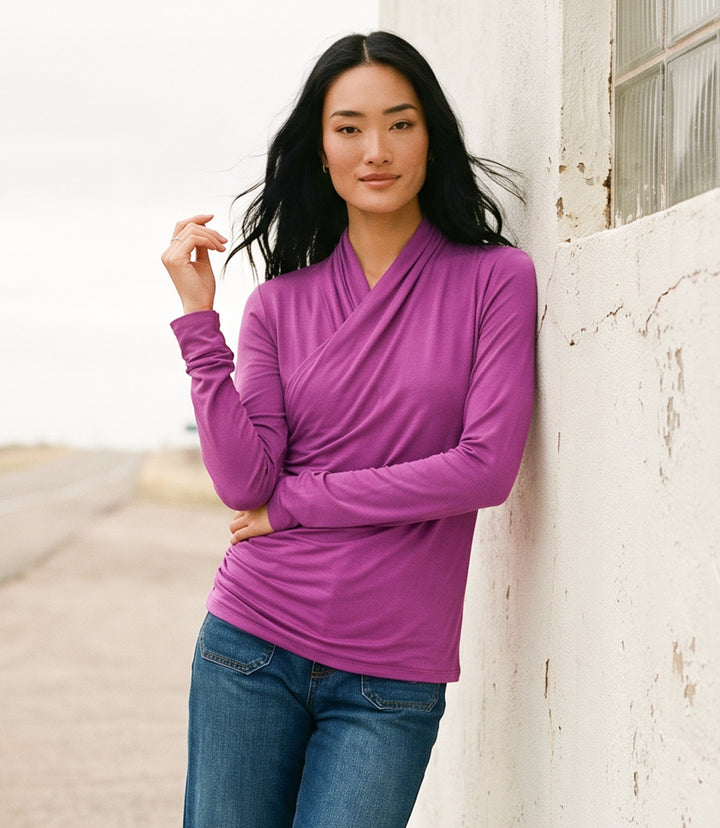 Long Sleeve Crossover Side-Shirred Top