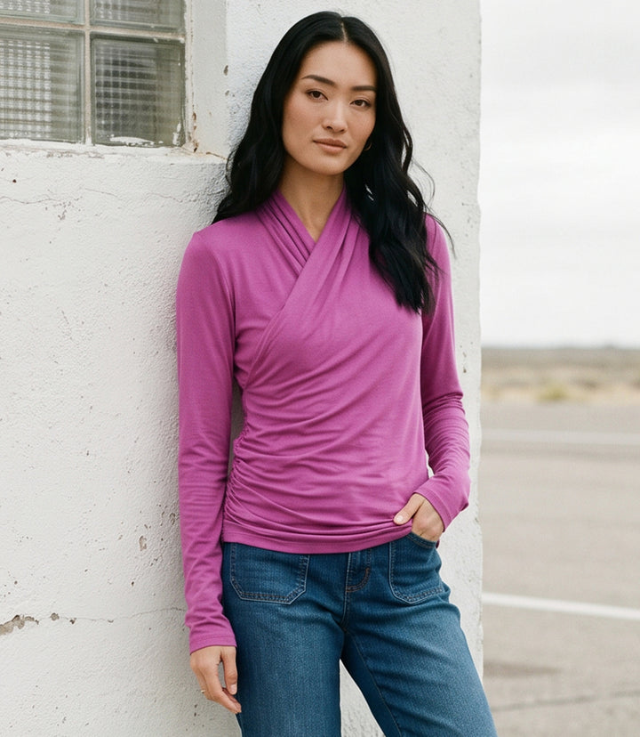 Long Sleeve Crossover Side-Shirred Top