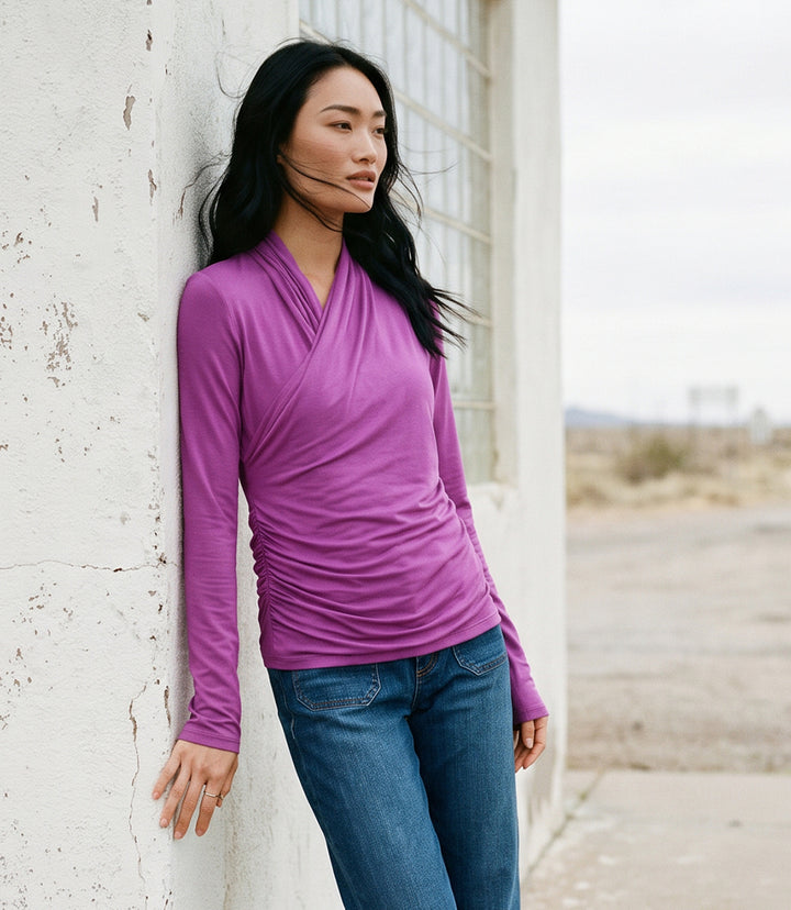 Long Sleeve Crossover Side-Shirred Top