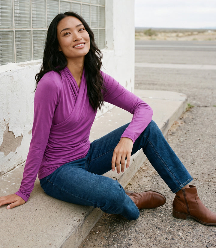 Long Sleeve Crossover Side-Shirred Top