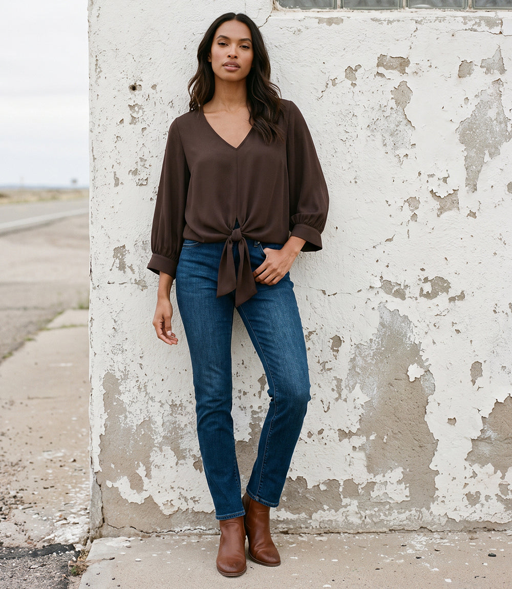 Blouson Sleeve Tie-Front Top