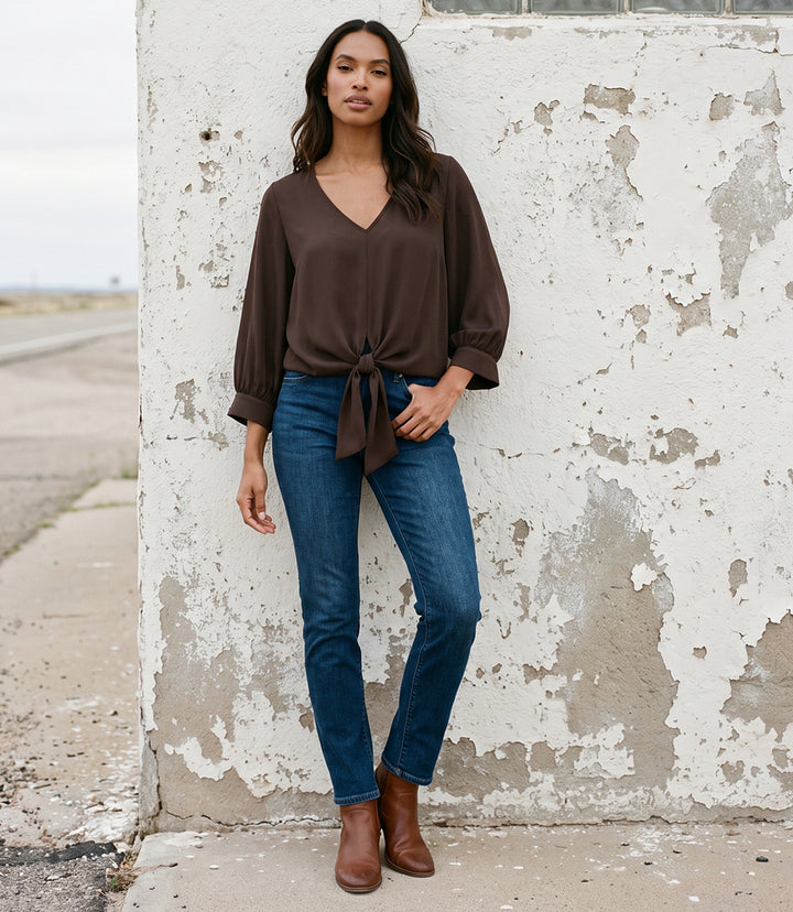 Blouson Sleeve Tie-Front Top
