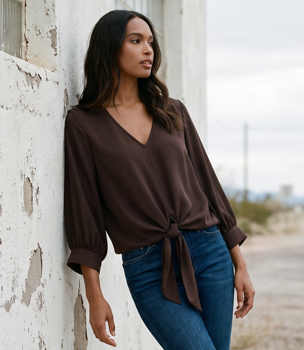 Blouson Sleeve Tie-Front Top