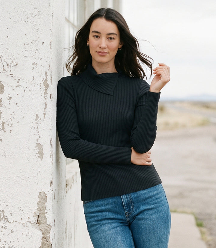 Petite Size Wide Ribbed Long Sleeve Split Neck Top