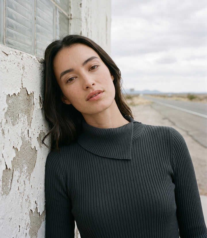 Petite Size Wide Ribbed Long Sleeve Split Neck Top