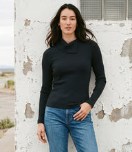 Petite Size Wide Ribbed Long Sleeve Split Neck Top