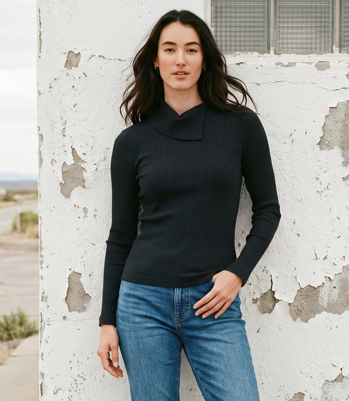 Petite Size Wide Ribbed Long Sleeve Split Neck Top