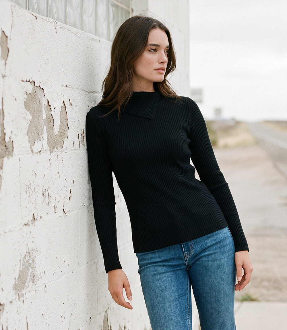 Petite Size Wide Ribbed Long Sleeve Split Neck Top