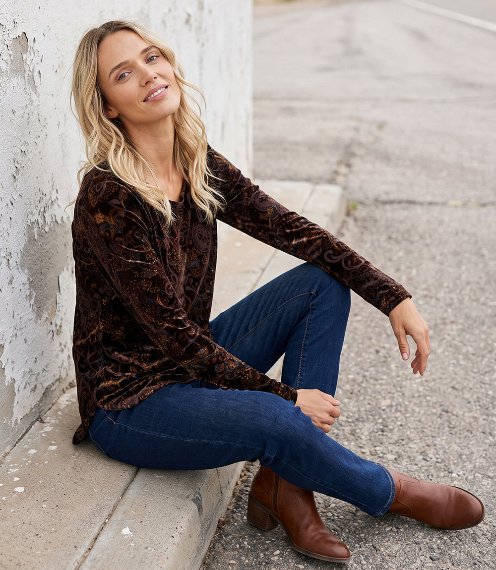 Long Sleeve Velvet Burnout Shirttail Top
