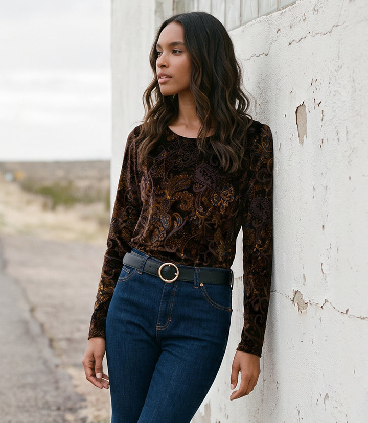 Petite Size Long Sleeve Velvet Burnout Shirttail Top