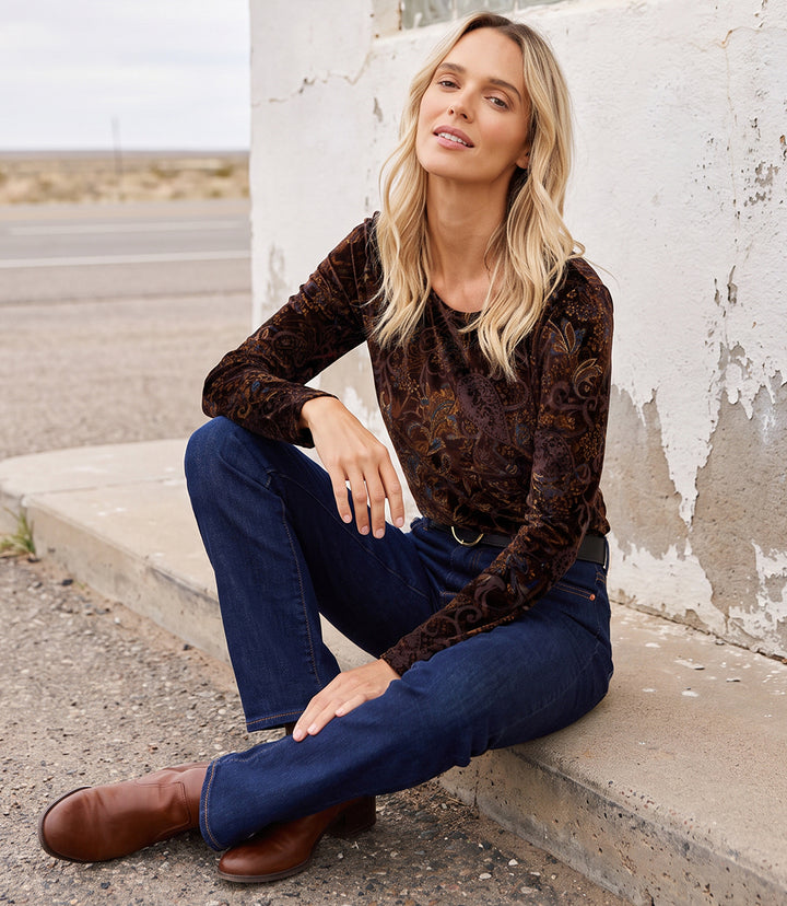 Petite Size Long Sleeve Velvet Burnout Shirttail Top
