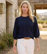 3/4 puff sleeve raglan sweater with crew neck and ribbed cuffs
